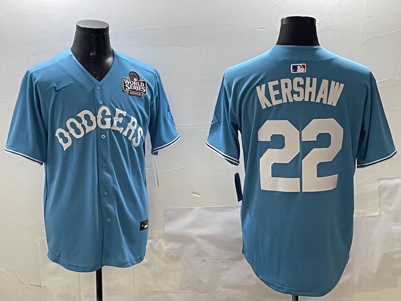 Men Los Angeles Dodgers #22 Kershaw Light Blue Joint Name 2025 Nike MLB Jersey style 4